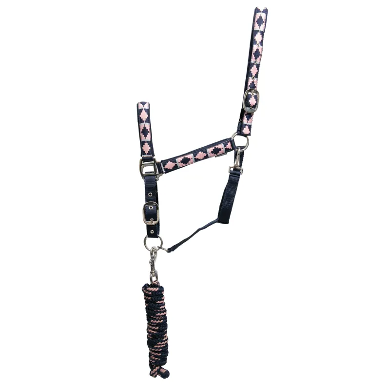 Hy Equestrian Woven Polo Headcollar and Leadrope - Navy/Rose